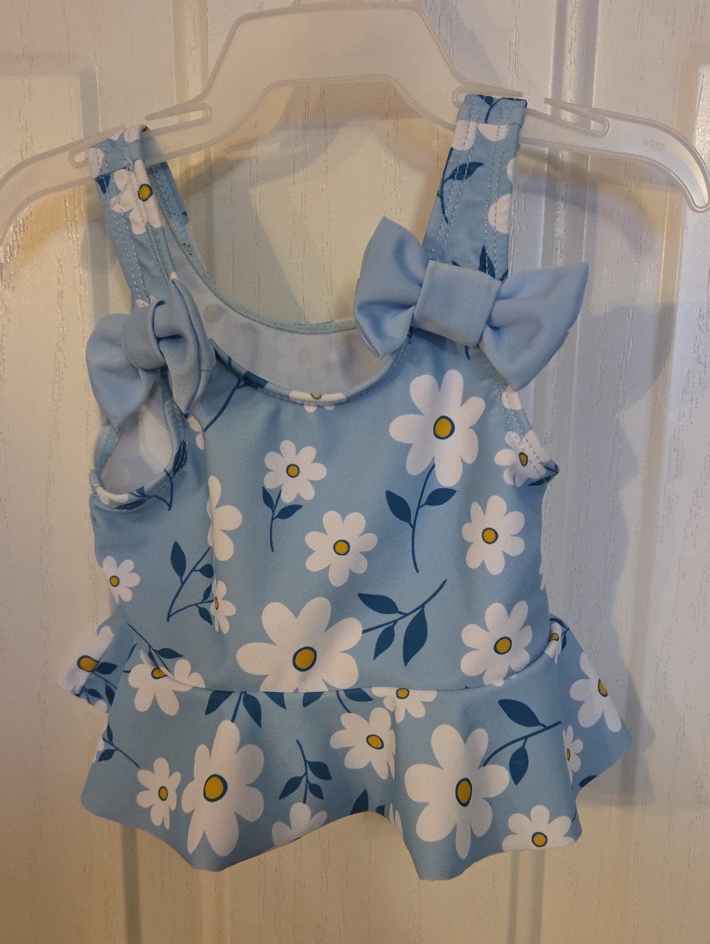 Blue Daisy Print Girls Swim Dress with Bow and hat Size 6 to 12 Months